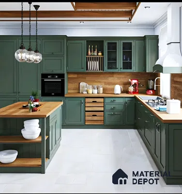 Elegant kitchen with sage green cabinets, wood countertops, and white stone flooring | Material Depot