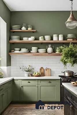 Elegant kitchen with soft green cabinetry, wood accents, and white subway tiles for a serene vibe. | Material Depot