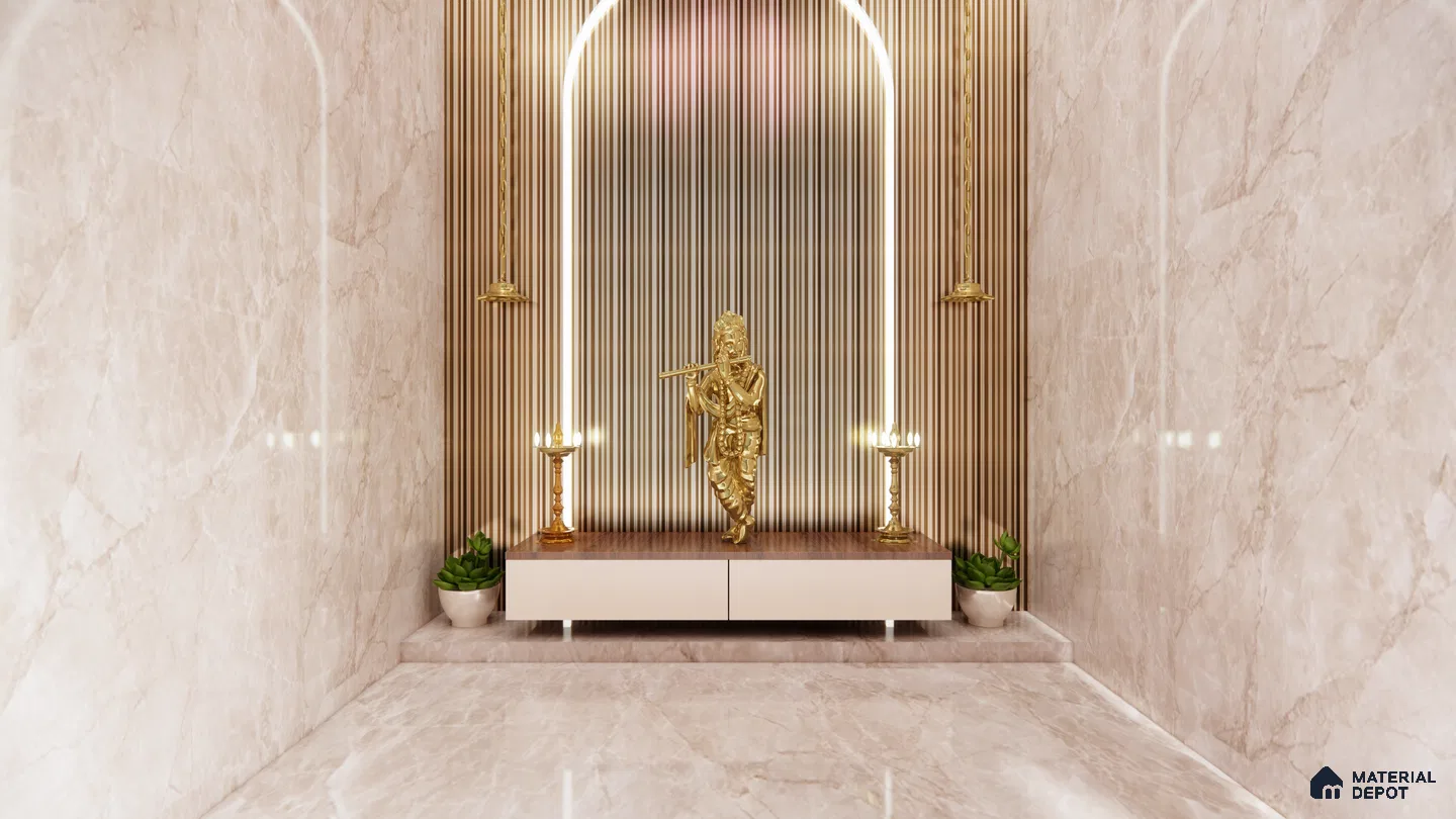 Elegant Krishna Mandir with Arched Fluted Panel and Marble Walls | Material Depot