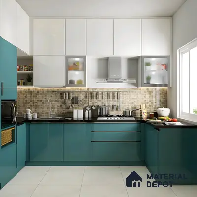 Elegant L-Shaped Kitchen With Teal Base Units And Mosaic Backsplash | Material Depot