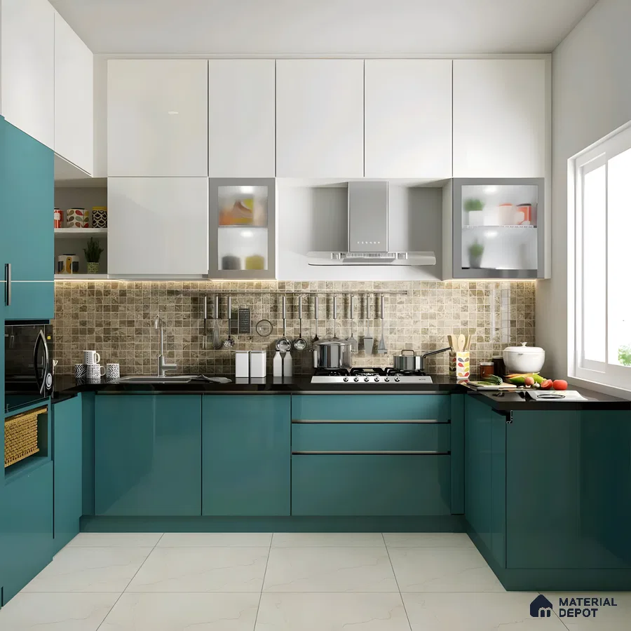 Elegant L-Shaped Kitchen With Teal Base Units And Mosaic Backsplash | Material Depot