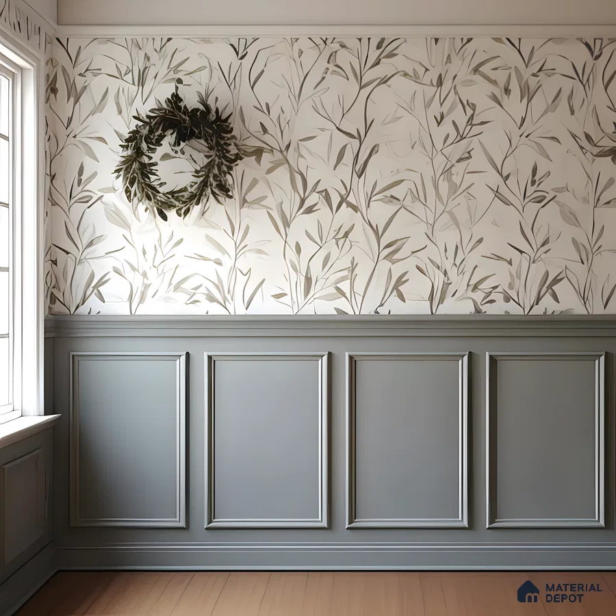 Elegant Leafy Wallpaper With Classic Wainscoting In A Cozy Corner | Material Depot