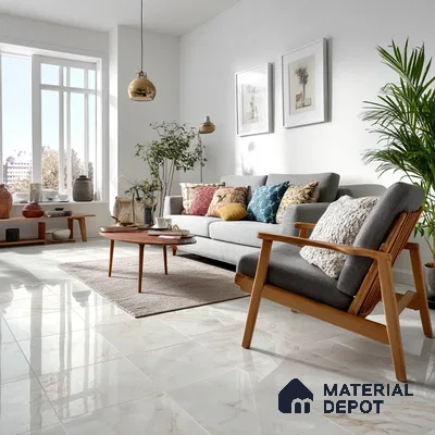 Elegant Living Room with Glossy Marble Floor and Warm Wooden Accents | Material Depot