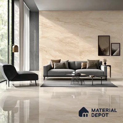 Elegant Living Room with Beige Stone Accent Wall and Modern Grey Furnishings | Material Depot