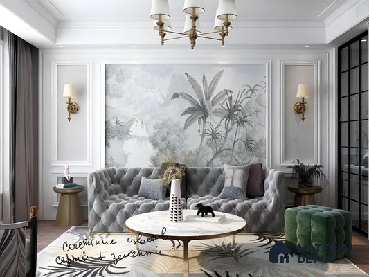 Elegant Living Room With Botanical Wall Mural And Tufted Sofas | Material Depot