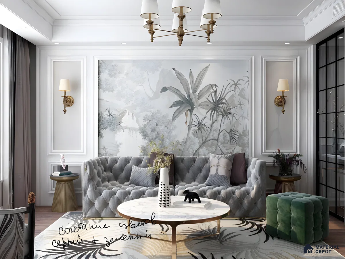 Elegant Living Room With Botanical Wall Mural And Tufted Sofas | Material Depot
