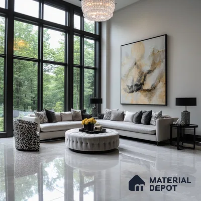 Elegant Living Room with Floor-to-Ceiling Windows and Modern Art | Material Depot