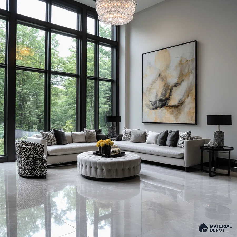 Elegant Living Room with Floor-to-Ceiling Windows and Modern Art | Material Depot