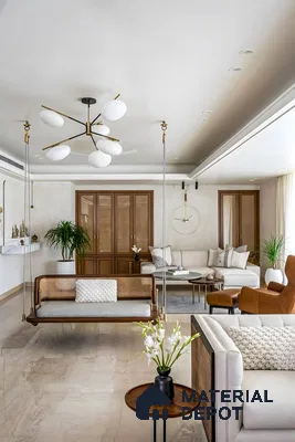 Elegant Living Room with Golden Accents and Natural Lighting | Material Depot