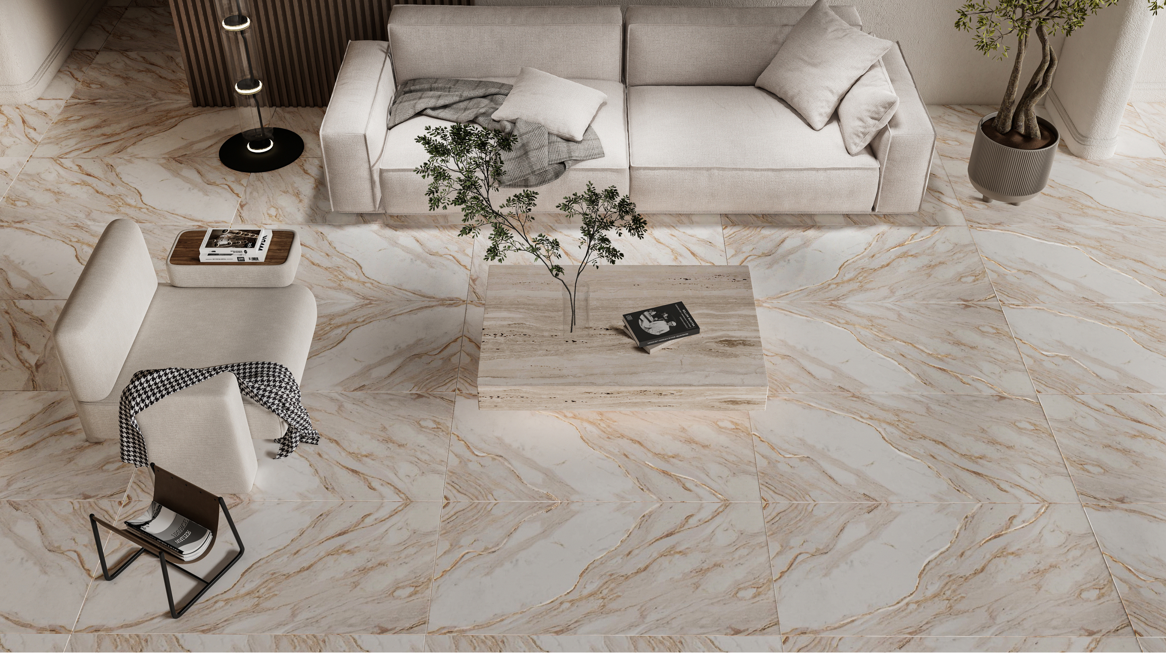 Elegant Living Room with Golden Vein Marble Tiles | Material Depot