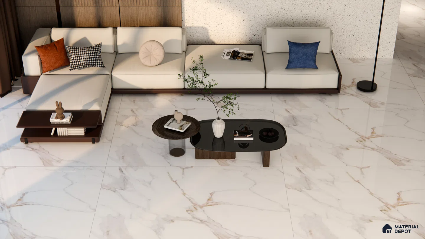Elegant Living Room with High Gloss White Marble Look Tiles | Material Depot