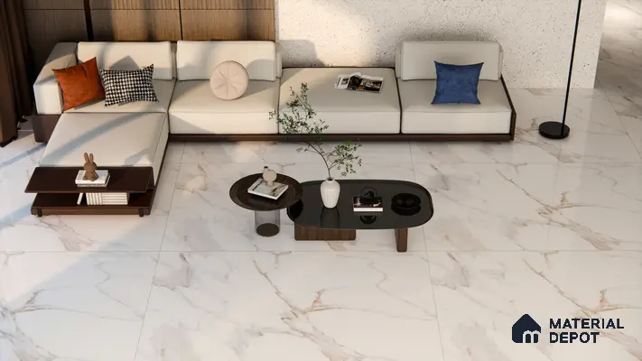 Elegant Living Room with High Gloss White Marble Look Tiles | Material Depot