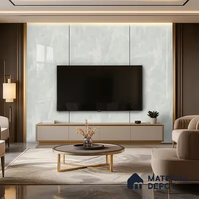 Contemporary Living Room with Checkered Beige Stone-Look Laminate TV Wall and Wooden Study Unit | Material Depot