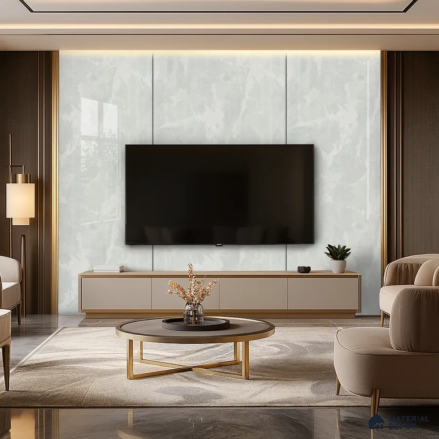 Contemporary Living Room with Checkered Beige Stone-Look Laminate TV Wall and Wooden Study Unit | Material Depot