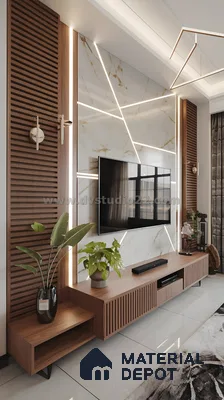 Elegant Living Room With Marble & Wood Fluted Tv Wall Panel | Material Depot