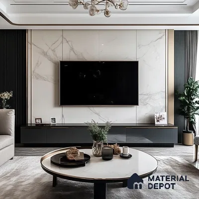 Elegant Living Room with Marble Feature Wall and Gold Accents | Material Depot