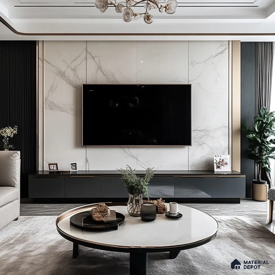 Elegant Living Room with Marble Feature Wall and Gold Accents | Material Depot