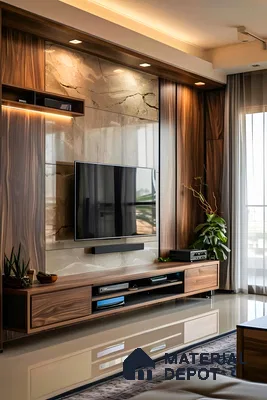 Elegant Living Room with Marble Feature Wall and Walnut Finish | Material Depot