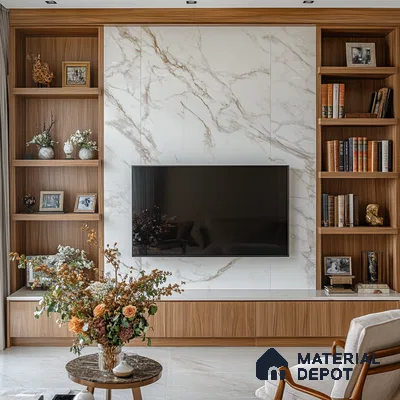 Elegant Living Room with Marble Feature Wall and Wood Accents | Material Depot