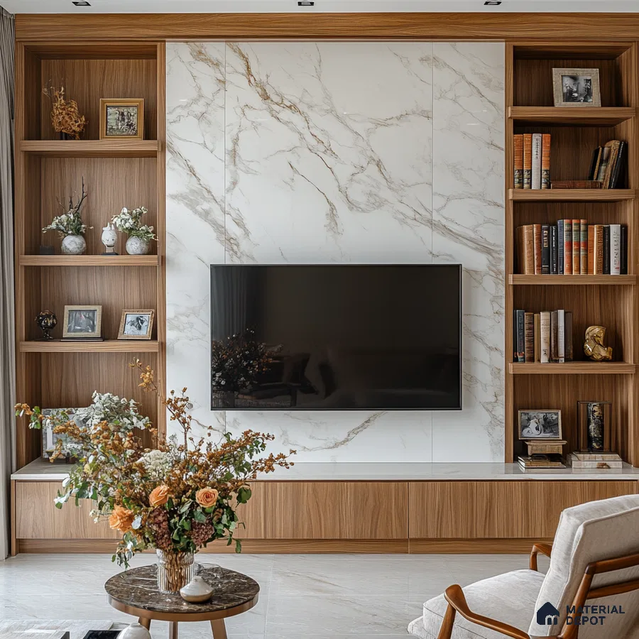 Elegant Living Room with Marble Feature Wall and Wood Accents | Material Depot