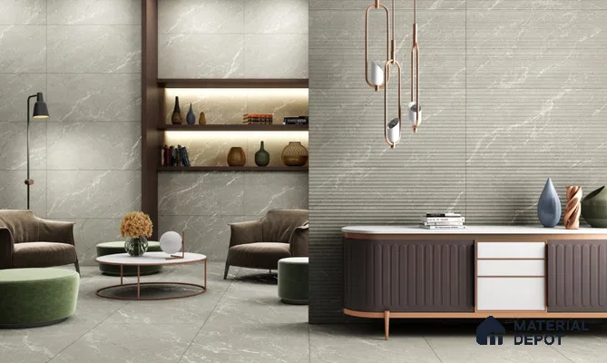 Elegant Living Room with Marble Look and Fluted Textured Wall Tiles | Material Depot