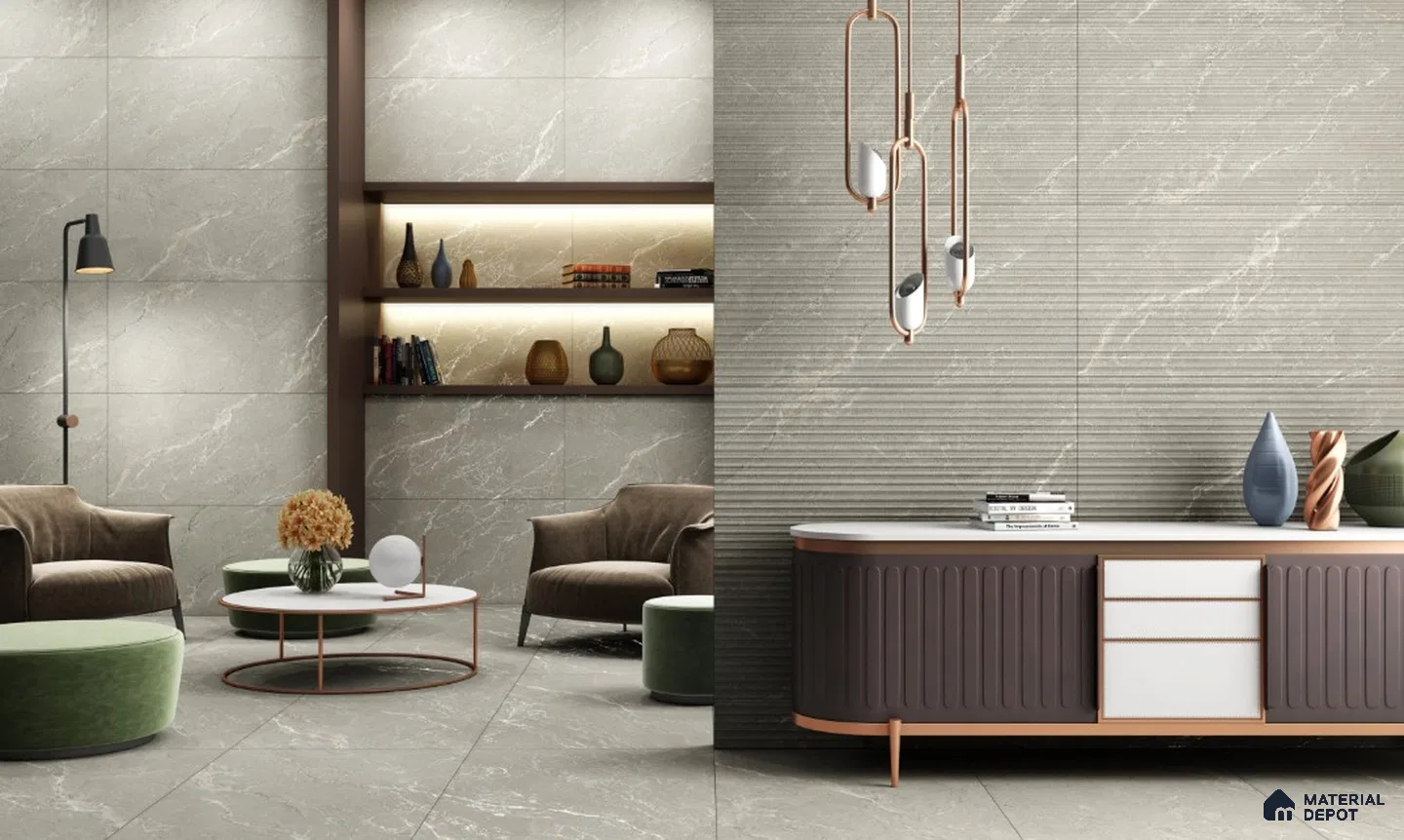 Elegant Living Room with Marble Look and Fluted Textured Wall Tiles | Material Depot