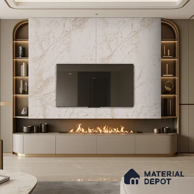 Contemporary Living Room with Grey Marble TV Wall and Built-in Study | Material Depot