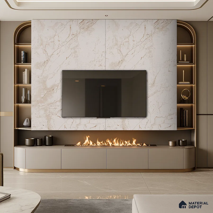 Contemporary Living Room with Grey Marble TV Wall and Built-in Study | Material Depot