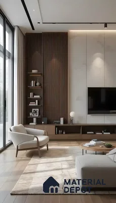 Elegant Living Room With Marble Tv Wall And Fluted Wood Bookshelf Accent  | Material Depot