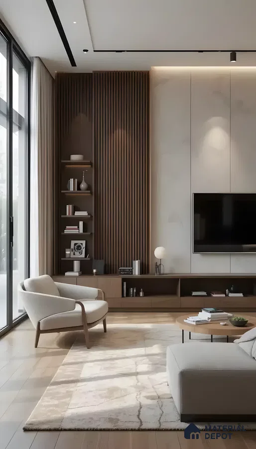 Elegant Living Room With Marble Tv Wall And Fluted Wood Bookshelf Accent  | Material Depot