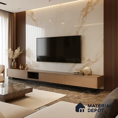 Elegant living room with marble TV wall in 3bhk apartment in Durga Petals Marathahalli Bengaluru | Material Depot
