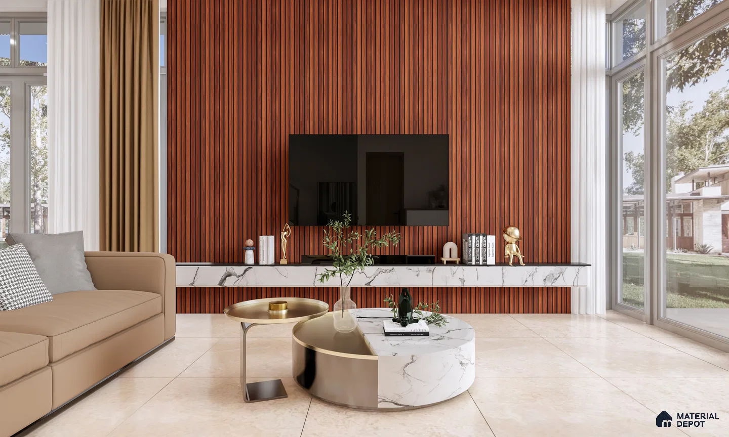 Elegant Living Room with Rich Fluted Wood Panel Wall and Marble Accents | Material Depot