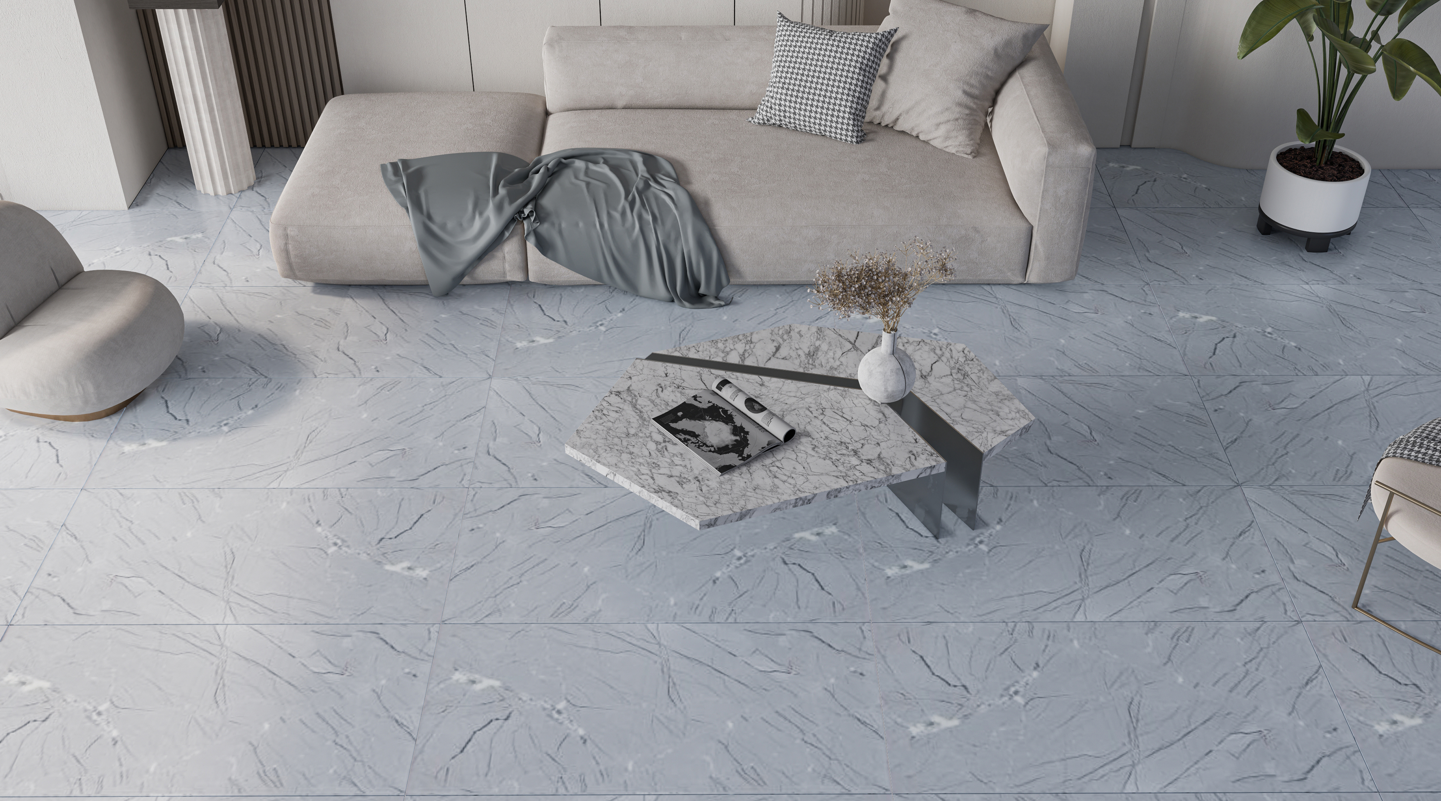 Elegant Living Room with Soft Blue Marble Effect Tiles | Material Depot