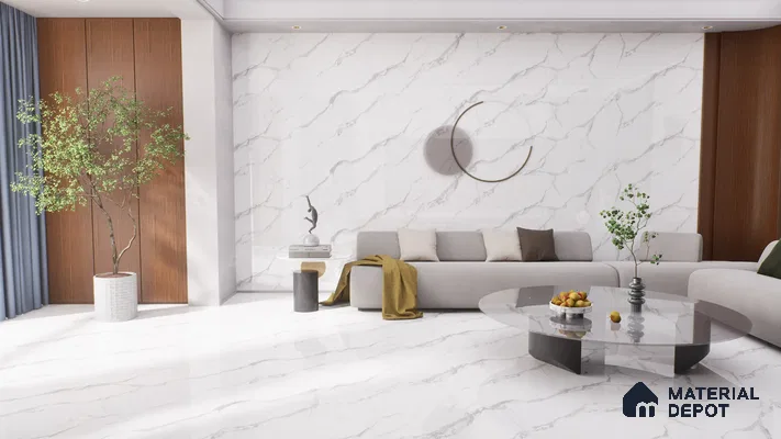 Elegant Living Room with Statuario Tile Flooring and Wall | Material Depot