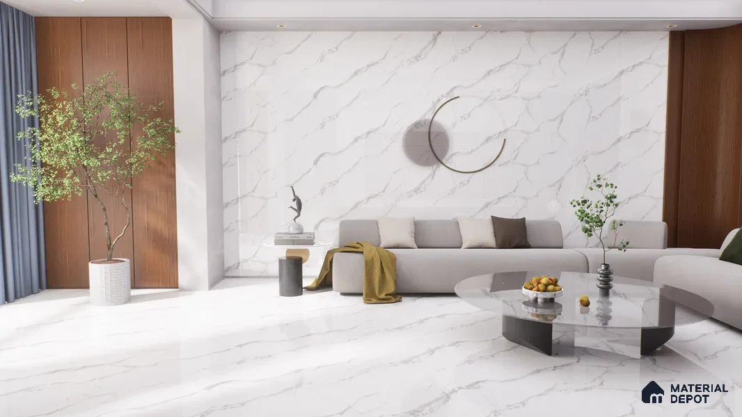 Marble Wall & Floor Tile TL 05130 Marblis Snowy Calacatta 4 ft x 2 ft Vitrified Endless Glossy Finish - 9 mm (Random 4) | Suitable for Living Room, Bedroom & Bathroom