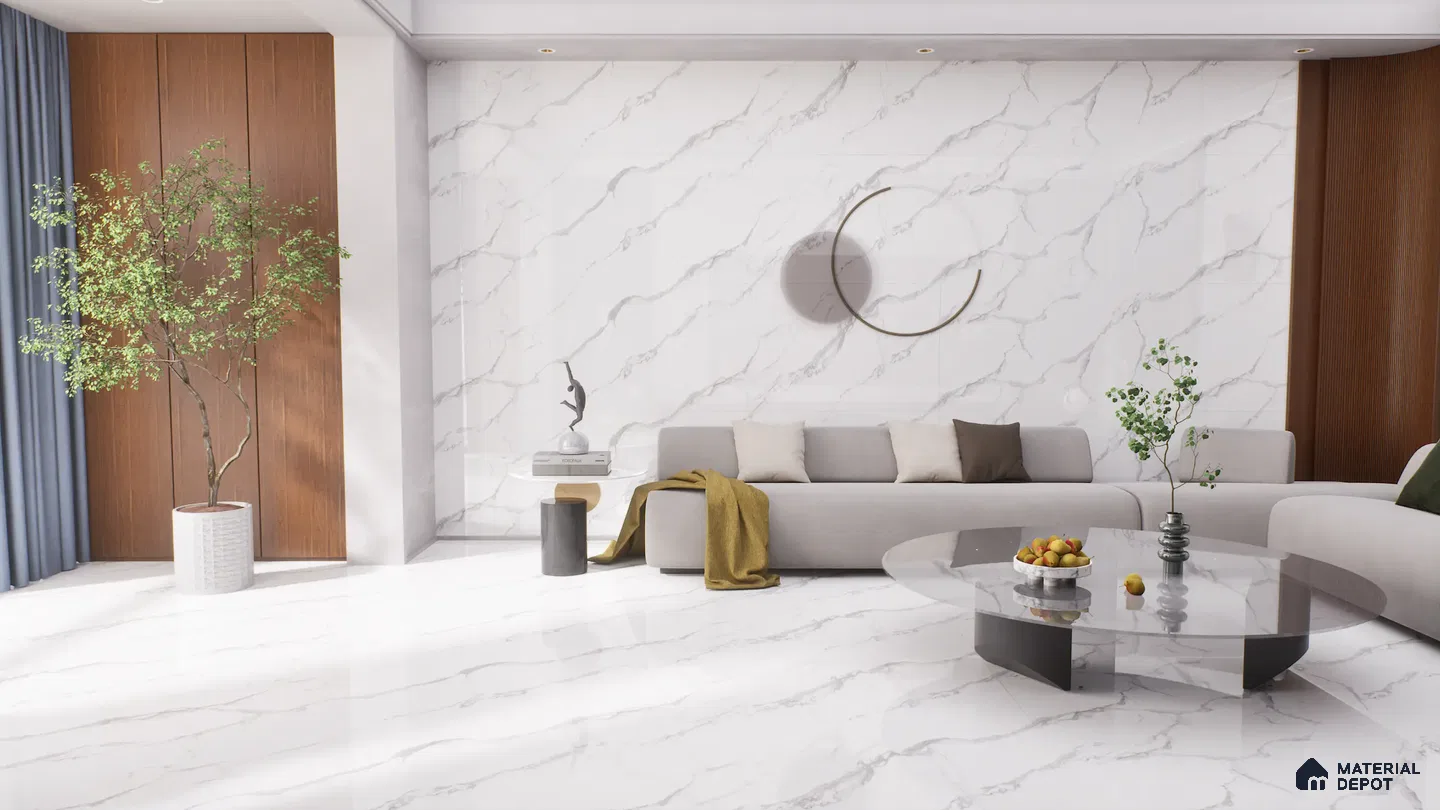 Elegant Living Room with Statuario Tile Flooring and Wall | Material Depot
