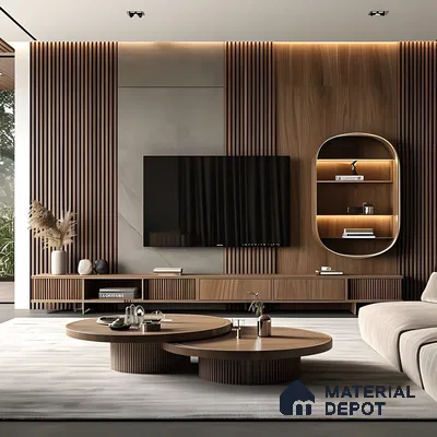 Elegant TV Unit with Wood-Paneled Accent Wall and Circular Niche | Material Depot