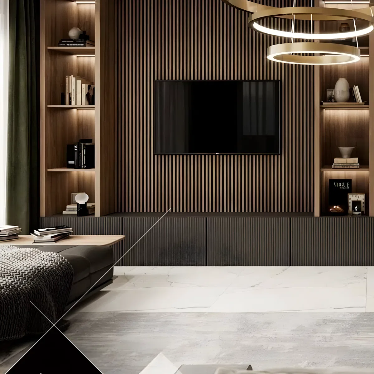 Modern bedroom with walnut wood fluted wall panels and marble look ...