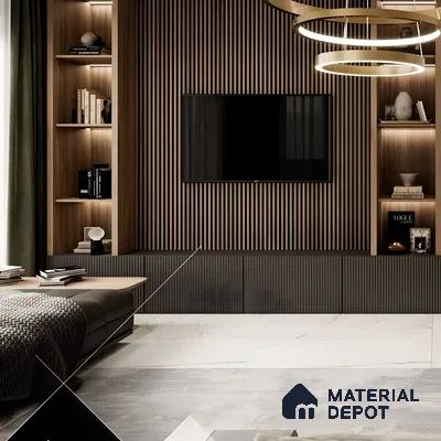 Elegant TV Unit with Wood-Paneled Accent Wall and Circular Pendant Light | Material Depot