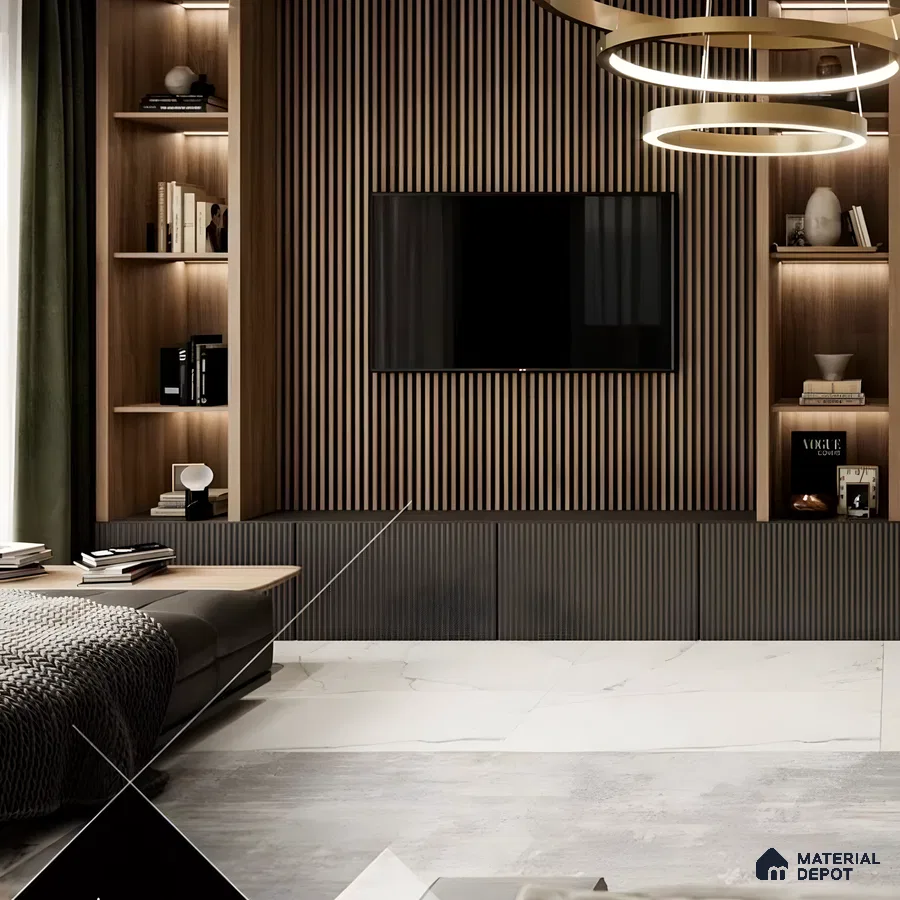 Elegant TV Unit with Wood-Paneled Accent Wall and Circular Pendant Light | Material Depot
