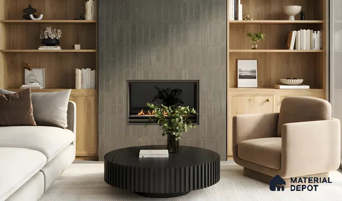 Elegant Living Room Design with Sophisticated Entertainment Center and Natural Wood Details Adarsh Palm Acres Hoskote | Material Depot