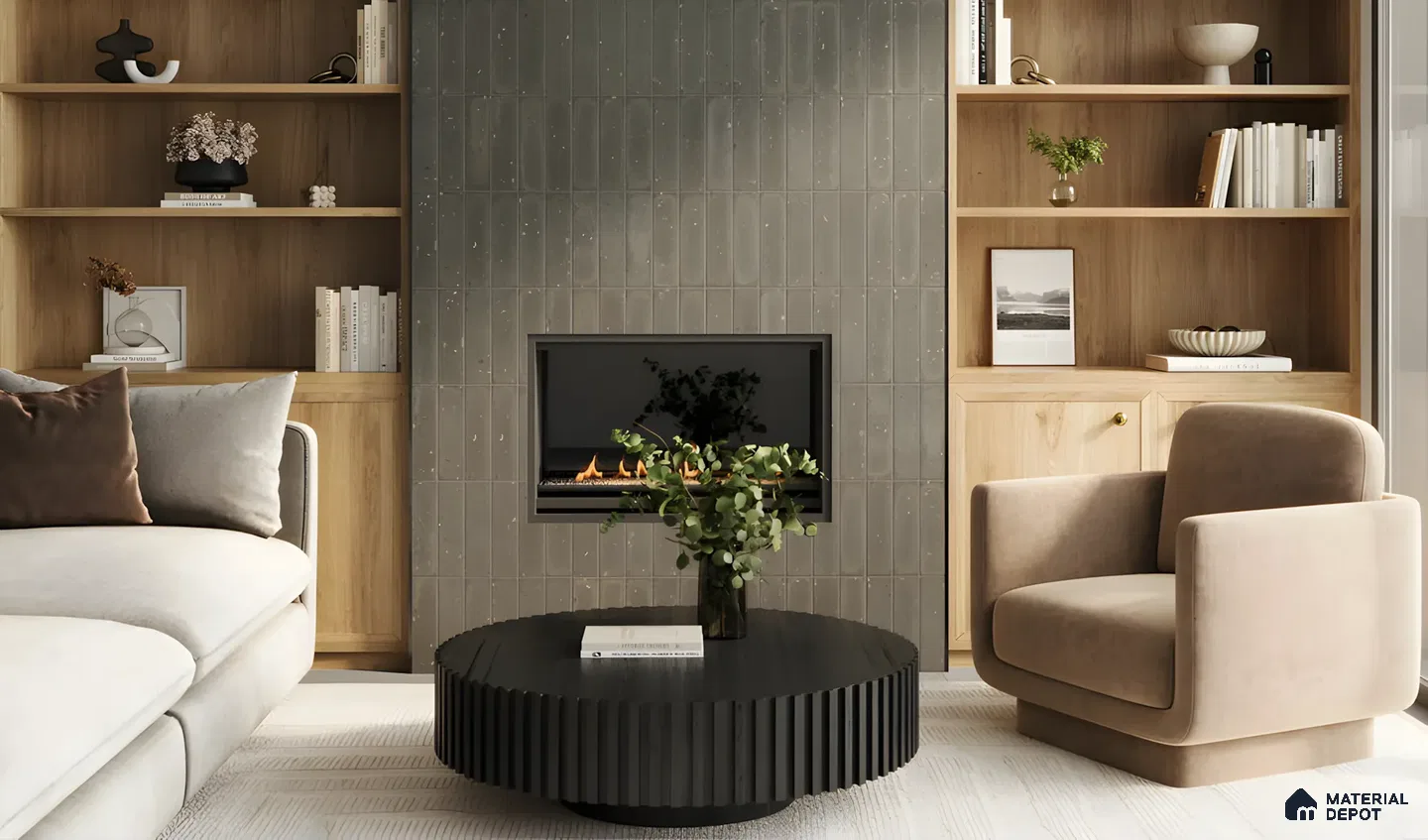 Elegant Living Room Design with Sophisticated Entertainment Center and Natural Wood Details Adarsh Palm Acres Hoskote | Material Depot