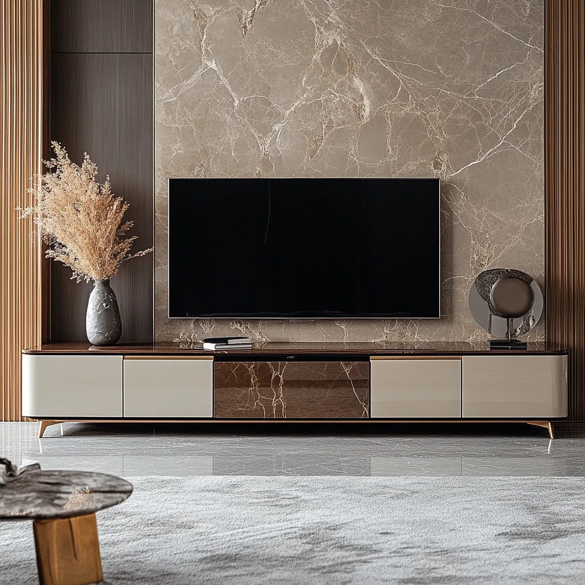 Modern TV unit with beige marble laminate, walnut brown laminate, and ...
