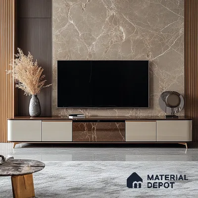 Elegant Living Space with Statement TV Unit and Natural Wood Details Embassy Springs Devanahalli | Material Depot