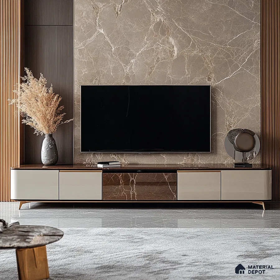 Elegant Living Space with Statement TV Unit and Natural Wood Details Embassy Springs Devanahalli | Material Depot