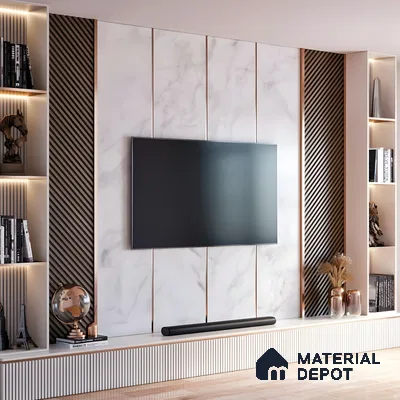 Elegant Marble And Fluted Panel Tv Wall With Rose Gold Accents | Material Depot