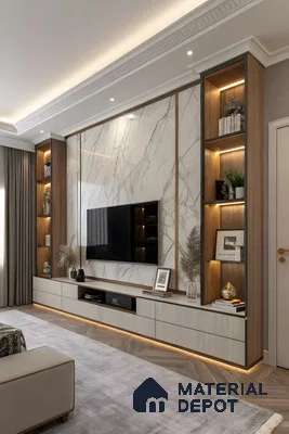 Elegant Marble-Backed Tv Wall Unit With Built-In Led Display Shelves | Material Depot