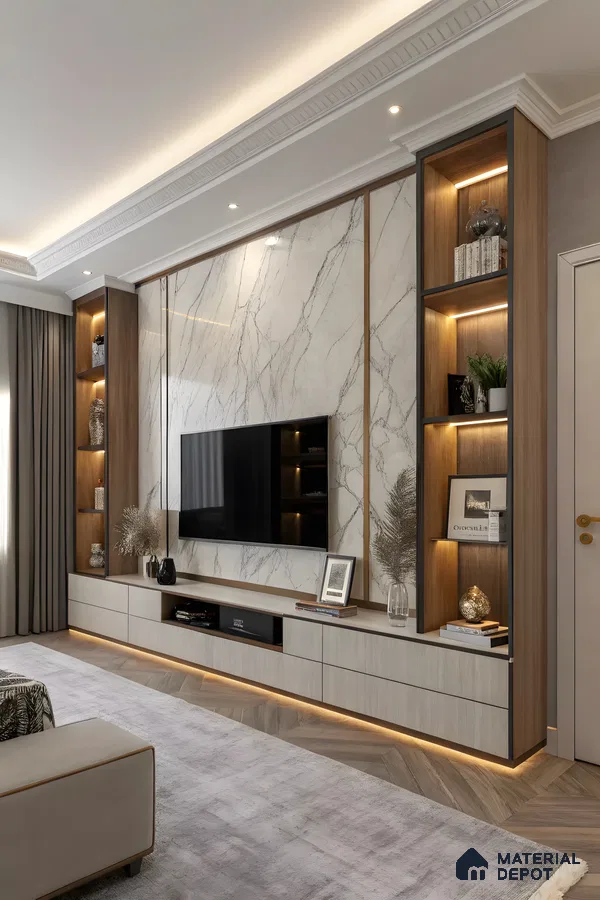 Elegant Marble-Backed Tv Wall Unit With Built-In Led Display Shelves | Material Depot