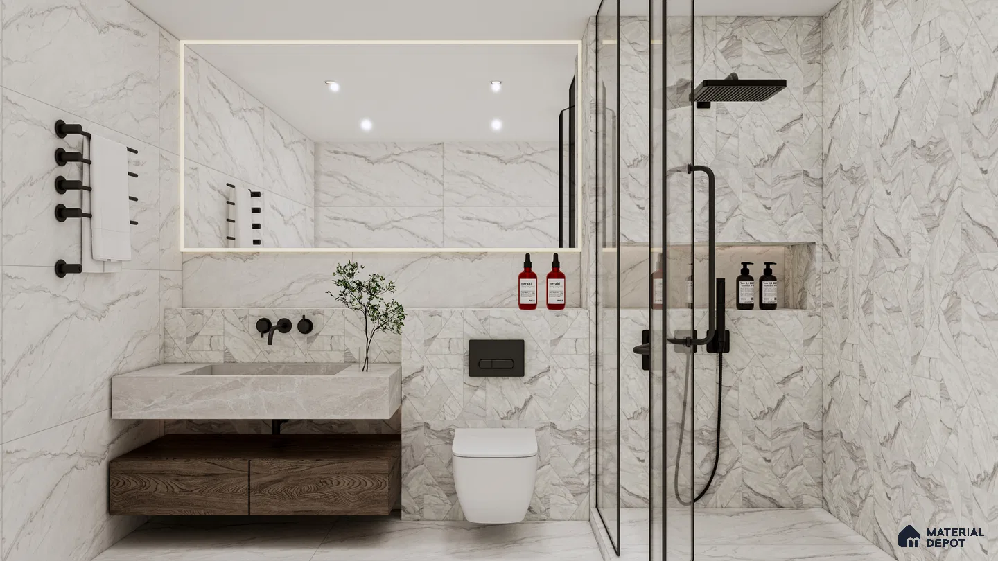 Elegant Marble Bathroom with Geometric Accent Walls | Material Depot