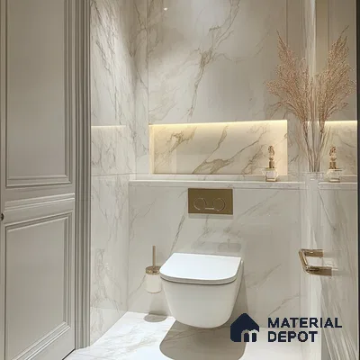 Elegant Marble-Clad Powder Room with Soft Ambient Lighting | Material Depot